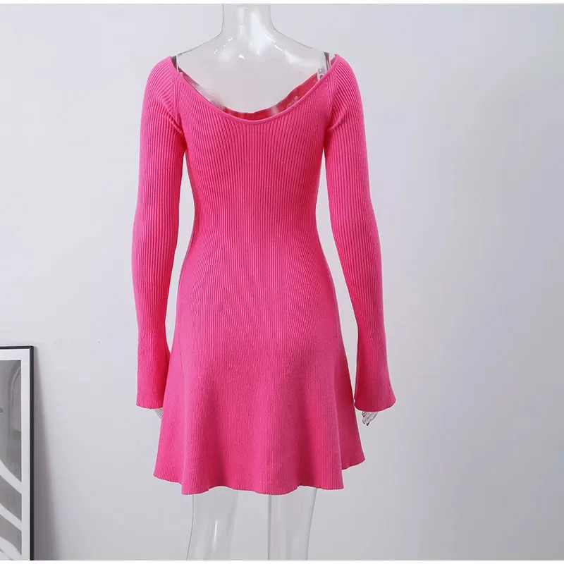 Knit Off-Shoulder V-Neck Mini Dress For Women Ribbed Loose Casual High Waist Long Sleeve Knitwear Dress Women's Mini Dress