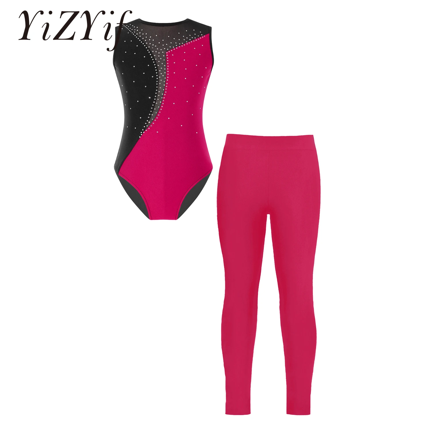 

Kids Girls Gymnastics Leotards with Leggings Sleeveless Ballet Dancewear Rhinestones Athletic Yoga Workout Skating Outfit