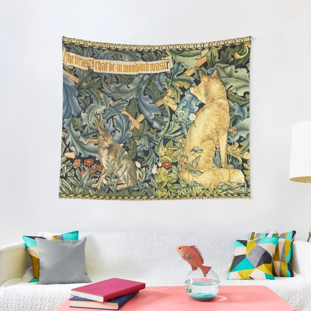 

GREENERY, FOREST ANIMALS ,FOX AND HARE Blue Green Floral Tapestry Room Aesthetic Decor Carpet On The Wall Tapestry