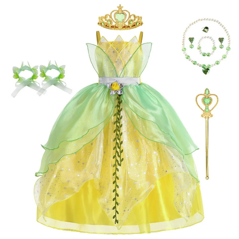thumbnail image 1 of Disney-disfraz de princesa Tinker Bell para niñas, vestido de hada de las flores verdes, disfraz de elfo con purpurina, ala de mariposa, fiesta de Halloween, 1 of 4