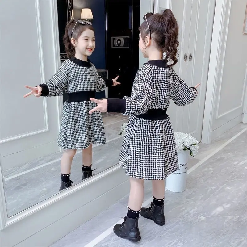 3-14 children's fleece mid-length dress girls winter and autumn children's long-sleeved mid-length plaid princess skirt bottomin