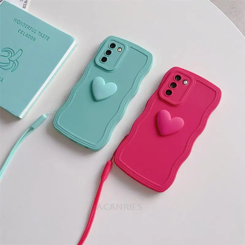 Love Heart Wavy Wrist Strap Silicone Phone Case with Lanyard Cover