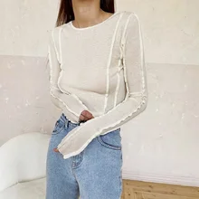 

Women t shirt White O-Neck Women'S T-Shirt 2022 Elegant Yellow Long Sleeve Fall Tee Shirt Casual Slim Elastic Solid Top Female