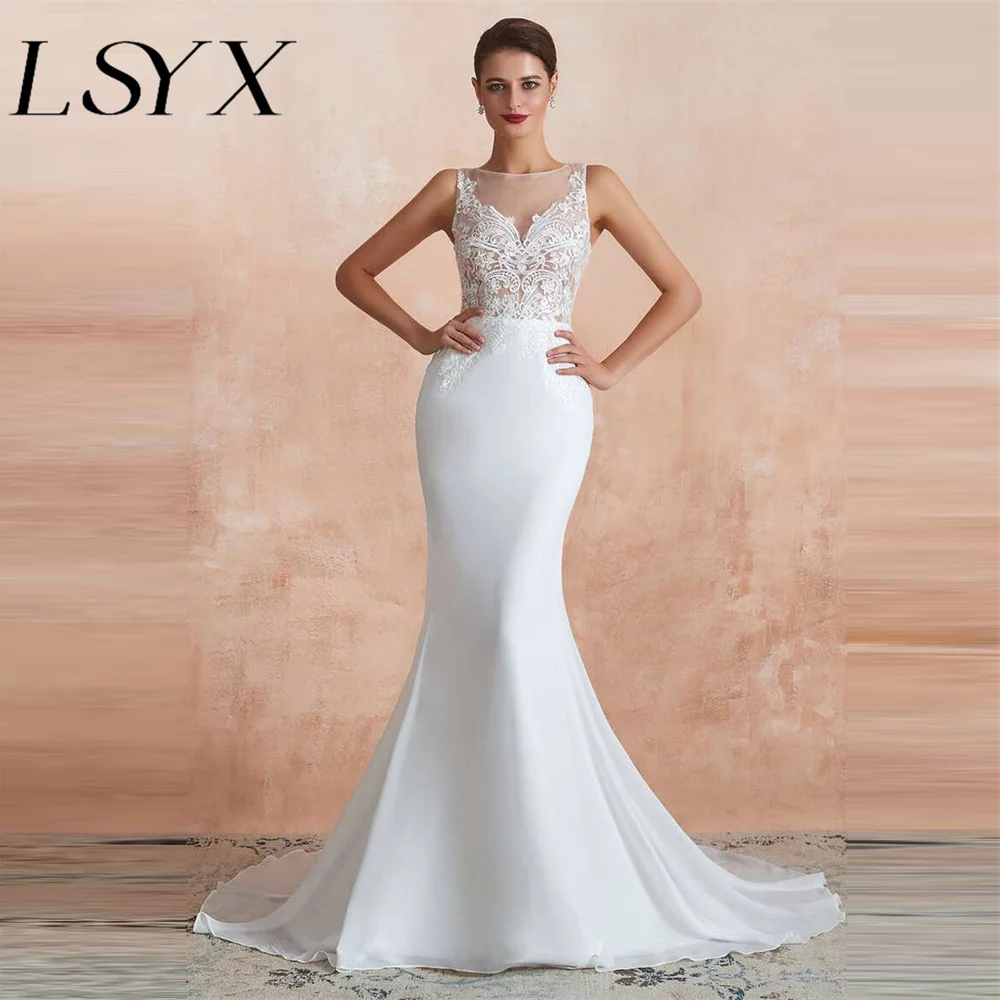 

LSYX Boho O-Neck Sleeveless Appliques Crepe Mermaid Wedding Dress Illusion Back Court Train Bridal Gown Custon Made