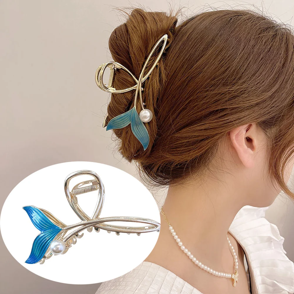 

Pearl Fish Tail Shape Hair Claw Blue Elegant Hollow Ponytail Clip Geometric Vintage Shark Clip Woman Hair Clip Hair Accessories