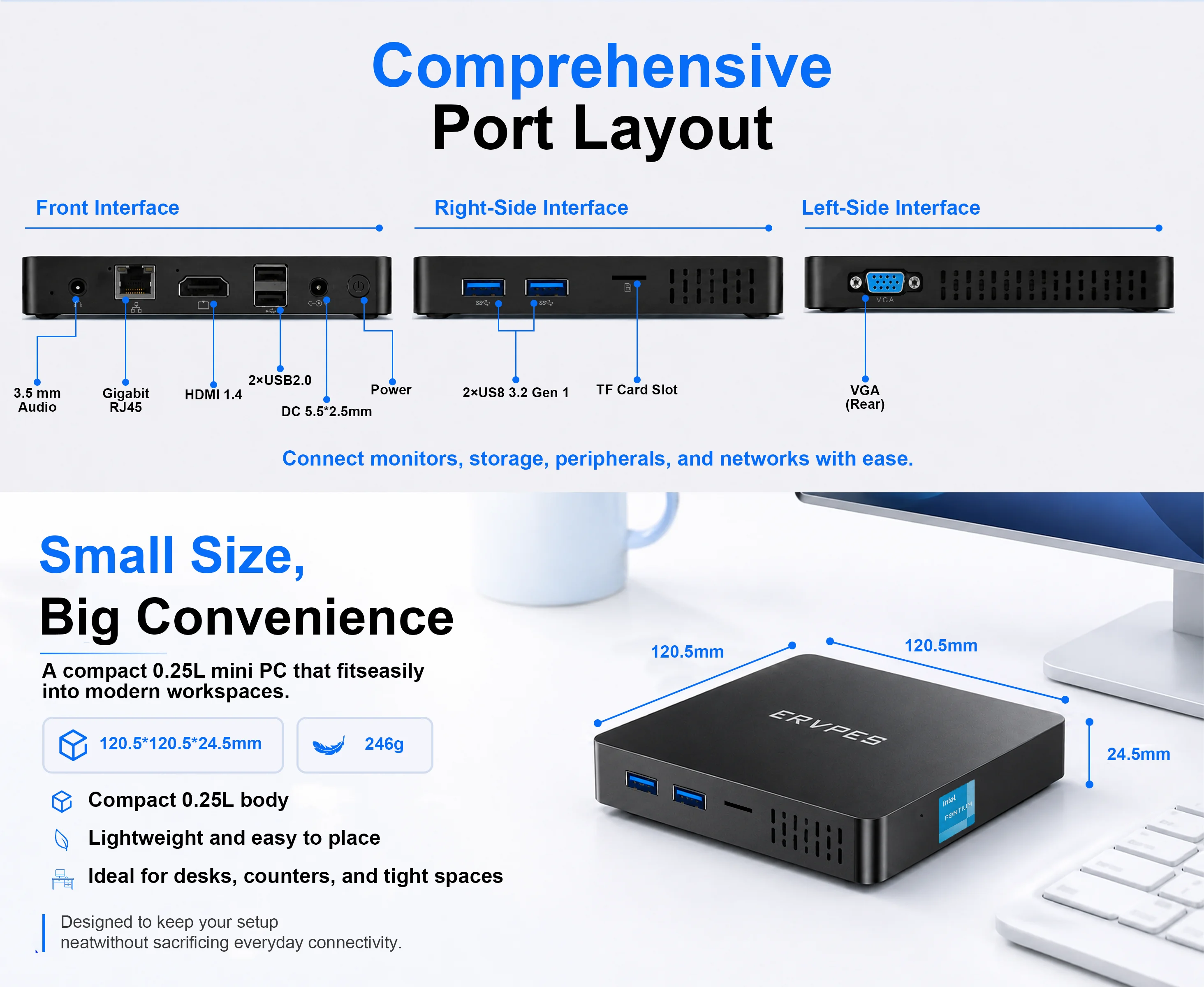Ervpes B20E Mini Pc 8Gb Ram 128Gb Ssd Intel 6500Y Windows 11 Bt5.0 Apollo Lake Desktop Micro Computer Dual Band Wi-Fi HDMI