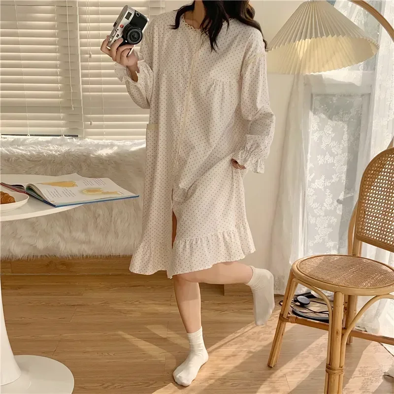 

Polka Ruffles Cute Long Breasted cotton Single Homewear Women Dress Lacework Sanding Dot Nightgown Sleeve Pure ins Cardigan