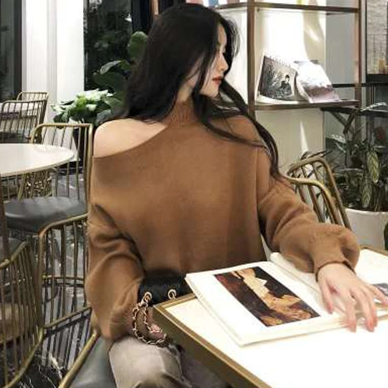 New Autumn and Winter Women's Semi-turtleneck Off-shoulder Long-sleeved Sweater Elegant and Sexy Lantern Sleeves Loose Knitwear