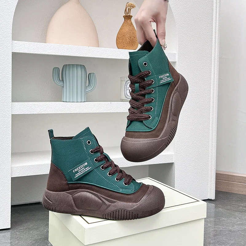여자구두  여성용 스포츠 신발, 가죽 레이스업 스니커즈, 여성용 가황 신발, 경량 캔버스 라운드 토 슈즈, 가을 신상, 겨울 