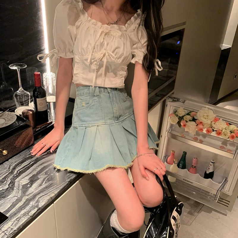 Do Old Denim 학생 스커트 여성용, 라지 사이즈 하이웨이스트 슬리밍, 세련된 프릴 A 라인 플리츠 스커트, 봄 여름 신상