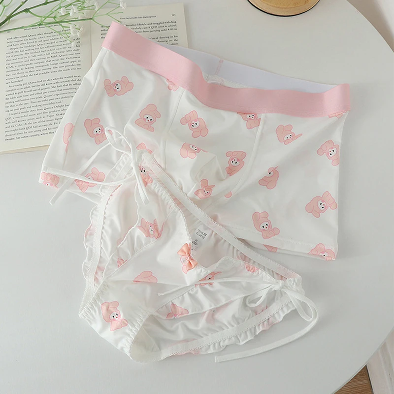 2PCS Kawaii Couple Women Men Sexy Lace Panties Boxers Shorts Briefs Boys Girls Mesh Lingeries Femme Underpants Lovers Ropa Mujer
