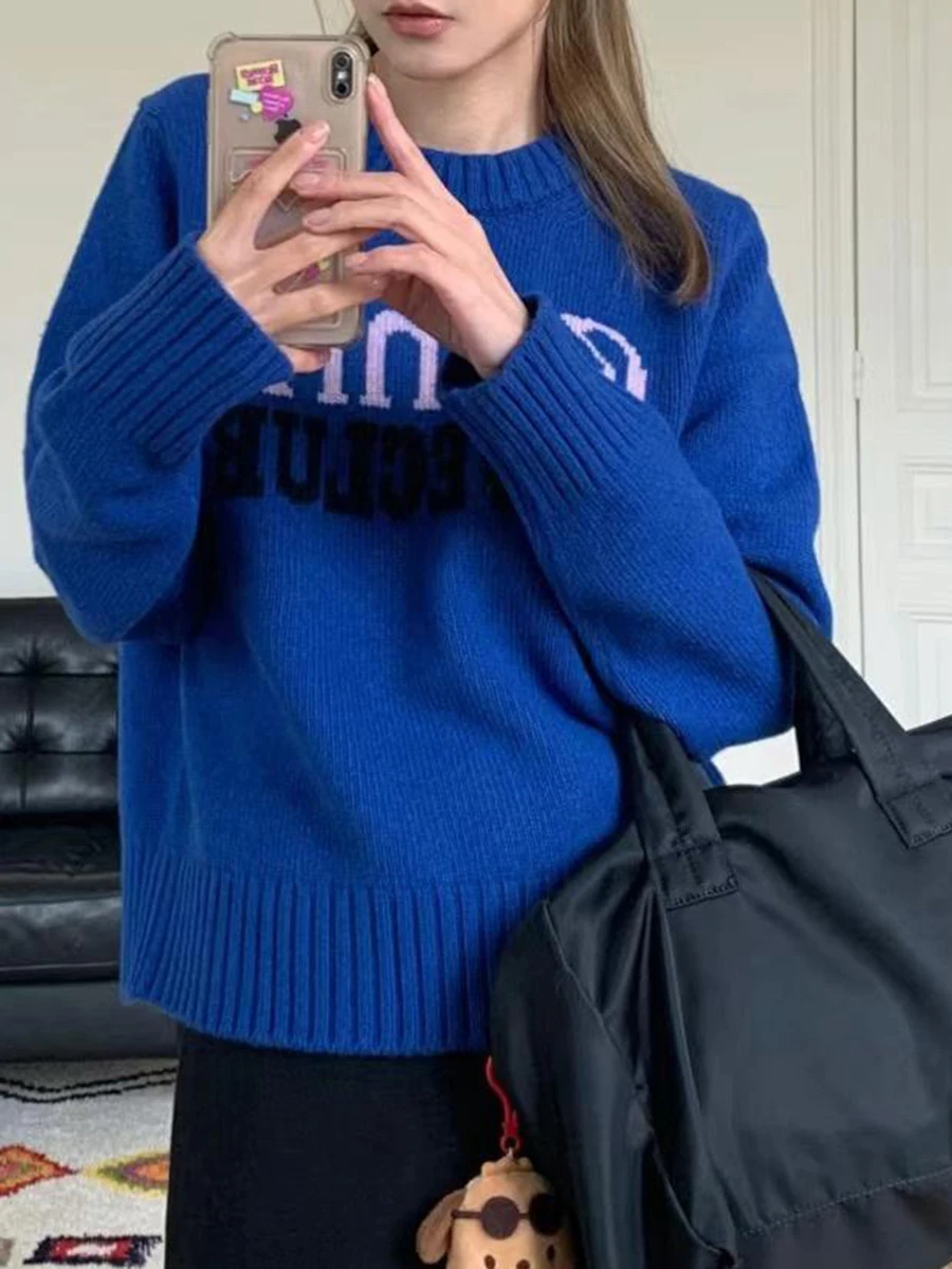 

Letter Loose Pullover Sweater Woman Long Sleeve Round Neck Wool Sweater Casual Simple Vintage Classic Tops Female 2024 New