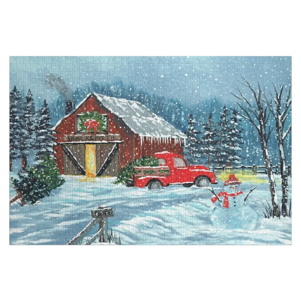 

Red Truck Winter Christmas Tree Red Barn Scene #Redbubble Jigsaw Puzzle Personalized Gift Married Iq Puzzle