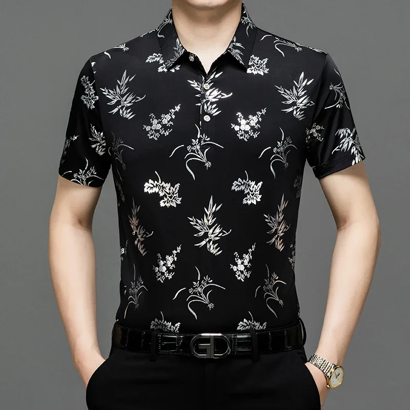 

Рубашка с коротким рукавом из ледяного шелка, Мужская модная нишевая рубашка, красивая рубашка с коротким рукавом и цветочным принтом