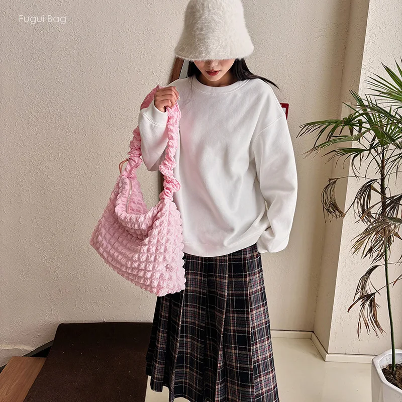 Girl's One Shoulder Handheld Underarm Bag Tote Bag Simple Solid Color Versatile Casual Folding Bubble Small Fresh Canvas