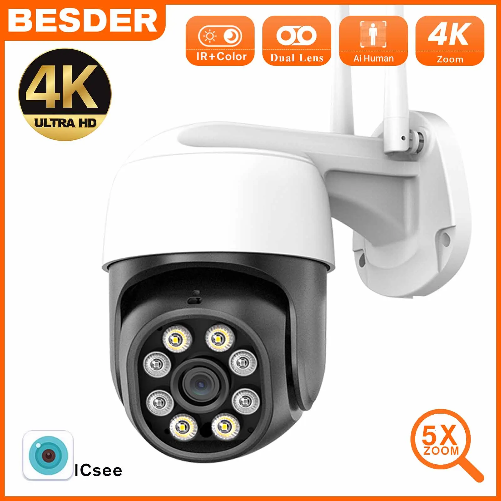 BESDER 8MP 4K 5MP Mini PTZ IP Camera WIFI 5X Digital Zoom Auto Tracking Wireless Outdoor Security CCTV Video Surveillance Camera