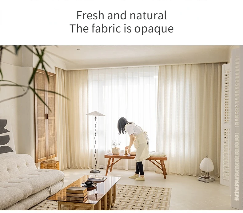 Cream Color Plaid Tulle Curtains for Living Room Bedroom New Gauze Curtain French Style Cotton Linen Thick Screen Window Yarn
