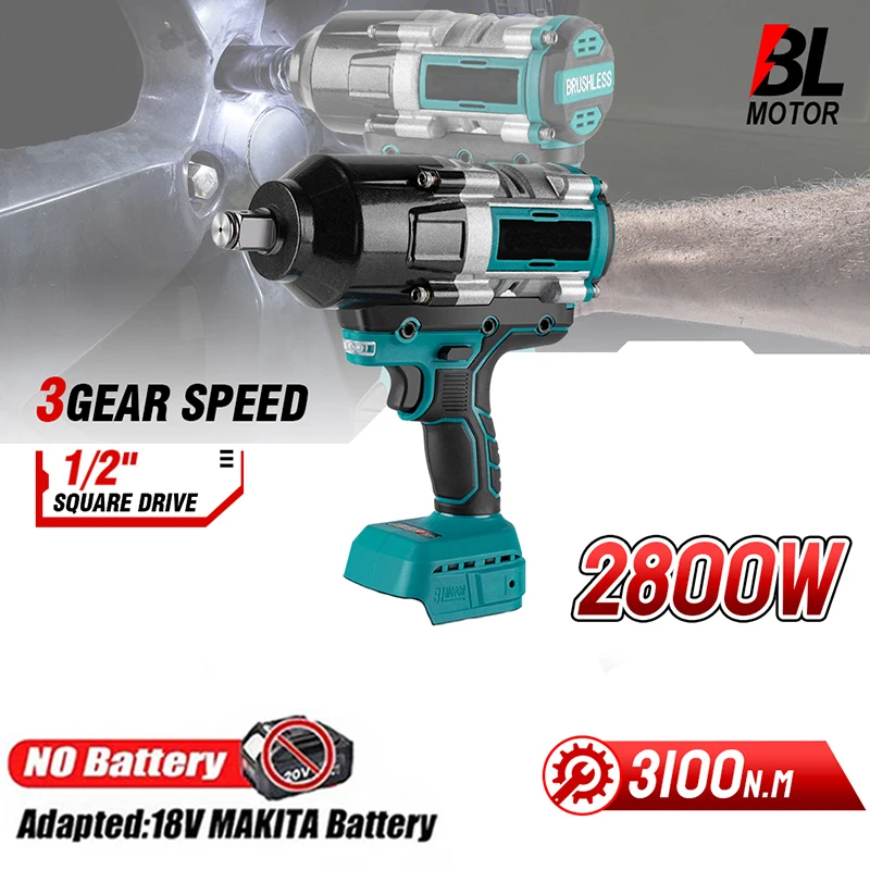 Brushless Electric Impact Wrench, Super Power chave de fenda, Chave sem fio, Ferramentas elétricas para Makita 18V Bateria, 3100 NM High Torque