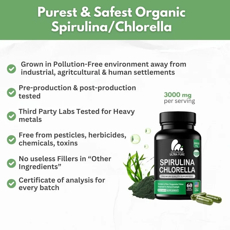 קפסולות אבקת כלורלה וספירולינה 3000 מיליגרם - ויטמין טהור חלבון ירוק קפסולות סופרפוד לניקוי תמיכה