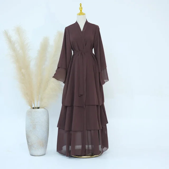 Mousseline de soie Abaya Kimono dubaï musulman Cardigan couches Abayas femmes Robe décontractée femme Islam vêtements avec ceinture Abaya tenues arabes