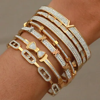 Classic Stainless Steel Full Crystal Letter Bowknot Charm Bracelet for Women Snake Bracelets Rust-proof Wrist Jewelry Gift Party