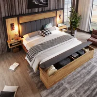 Двуспальная кровать с мягкой обивкой, лампой для чтения и USB C, скамейка с местом для хранения вещей, каркас кровати с металлом, деревом (без матраса)