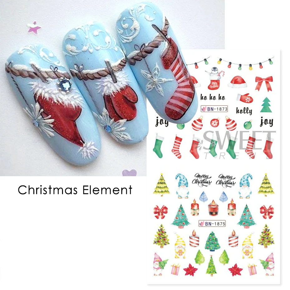 12pcs Merry Christmas Water Nail Sticker Gonk Elk Cookies Snowflake Celebration Ball Sliders Winter New Year Manicure Decor Foil