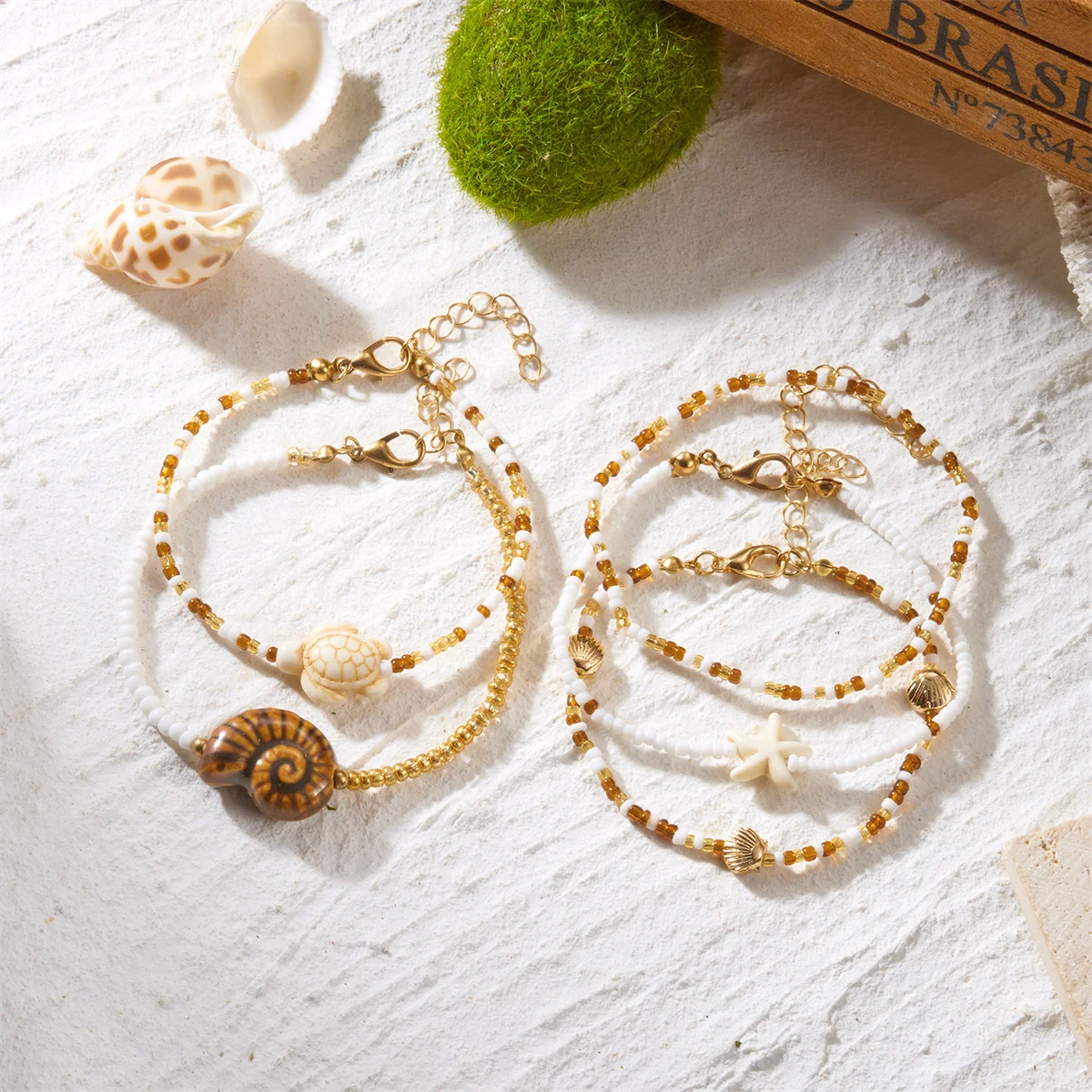 5-teiliges Bohemian Reisperlen-Armband-Set für Damen, Sommer Seestern Muschel Schildkröten-Armbänder, Freundschafts-Party-Schmuck Geschenk – Detail 4