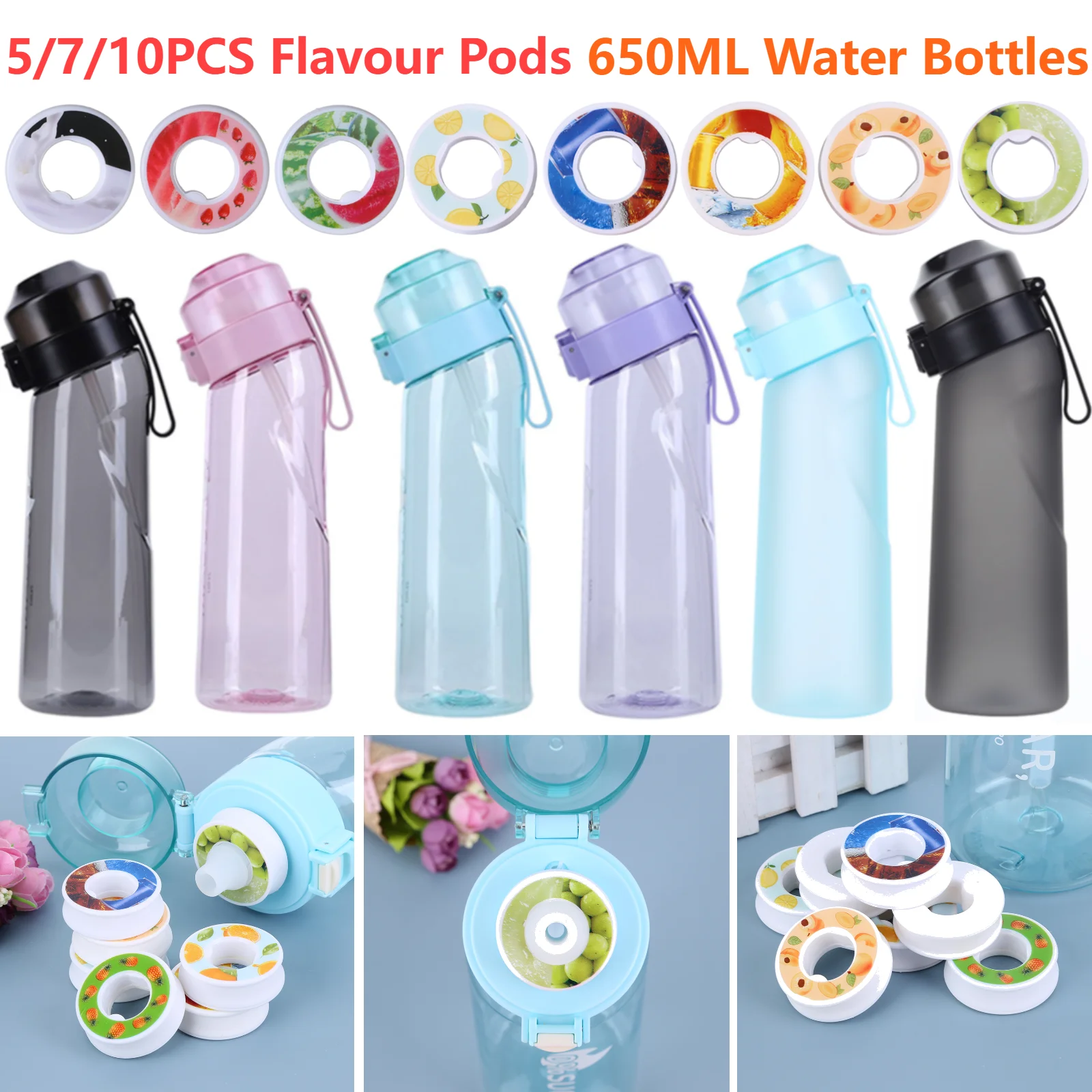 650ML LeakProof Scent Flavored Water Bottle with 5 7 10Pcs Flavor Pods Air Water Up Bottle Portable for Travel Climbing Hiking