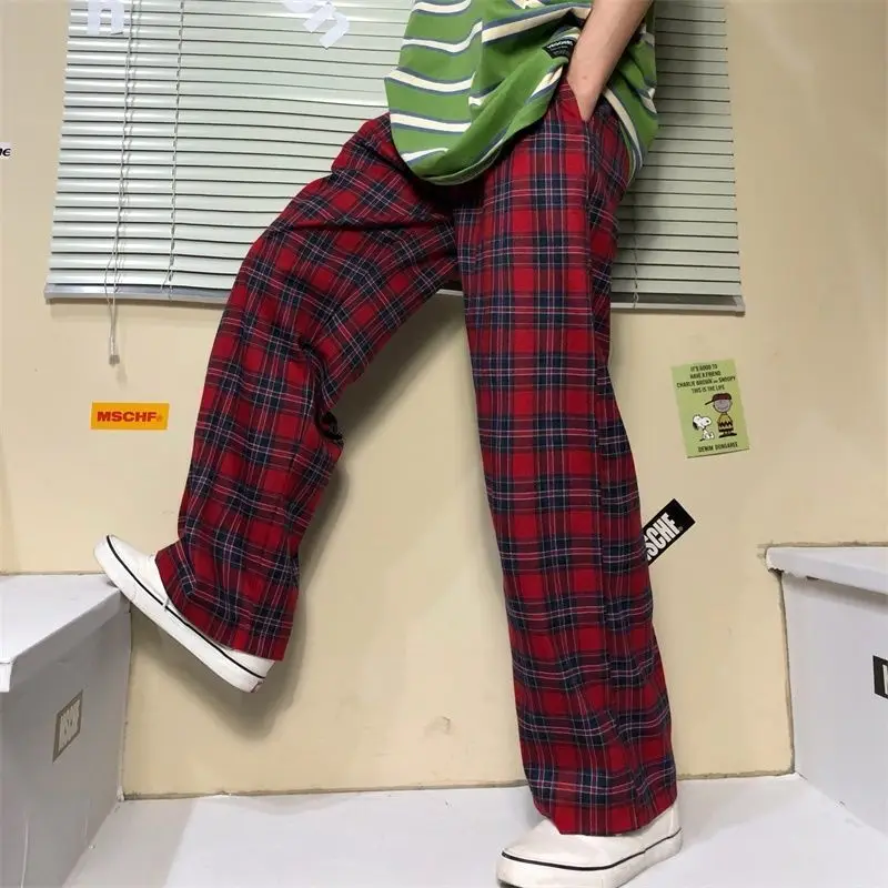 2022 Women Gothic Korean Fashion Oversized Wide Leg Sweatpants Harajuku Red Plaid Classic Pants Streetwear Checked Trousers Pop