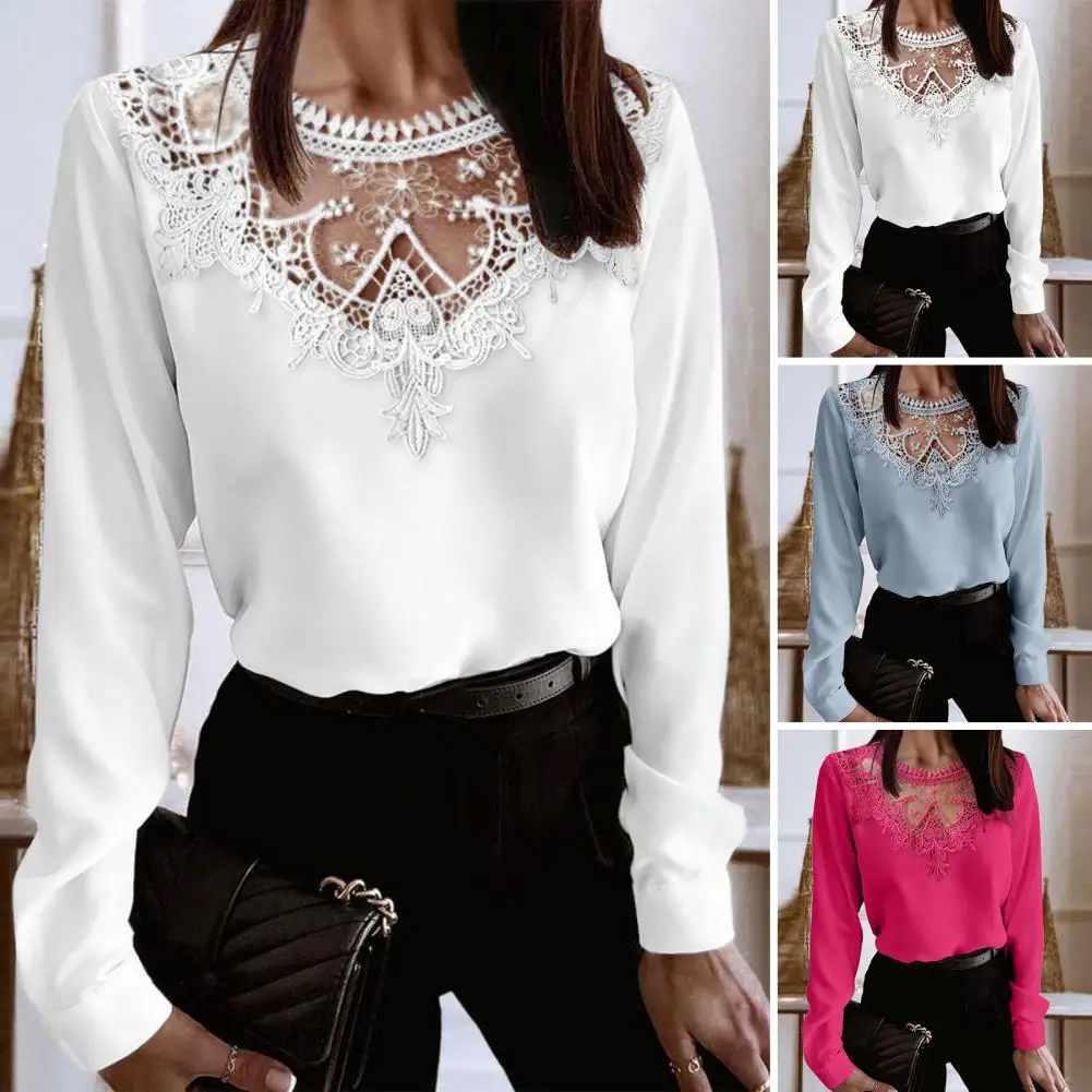 

Women Lace Top Elegant Lace Patchwork Long Sleeve Women's T-shirt Blouse for Spring Fall Soft Round Neck Solid Color for Commute
