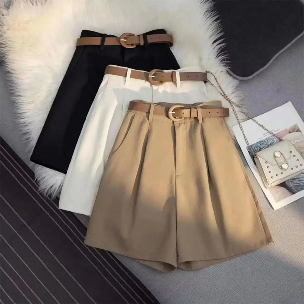 

Commuting Shorts Stylish Knee-length Cargo Shorts for Women High-waisted Loose-fit A-line Design with Pockets Belt for Office