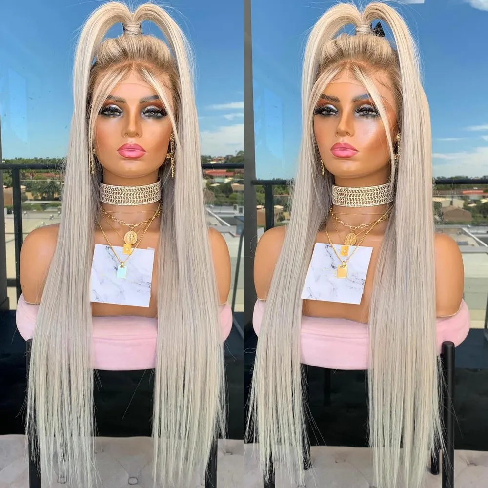 Platinum Ash Blonde Long Straight Lace Front Wig with Brown Roots Pre Plucked Heat Resistant Synthetic Daily Use lace front wig lace wigs womens synthetic wigs synthetic wigs
