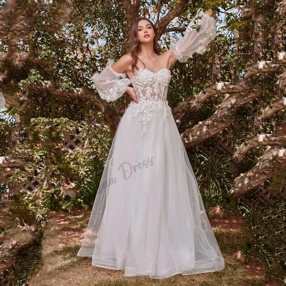 

Lena-Luxury 3D Flower A-line Tank Top Noche White Fluffy Sleeves Romantic Tulle Ball Dress 2024