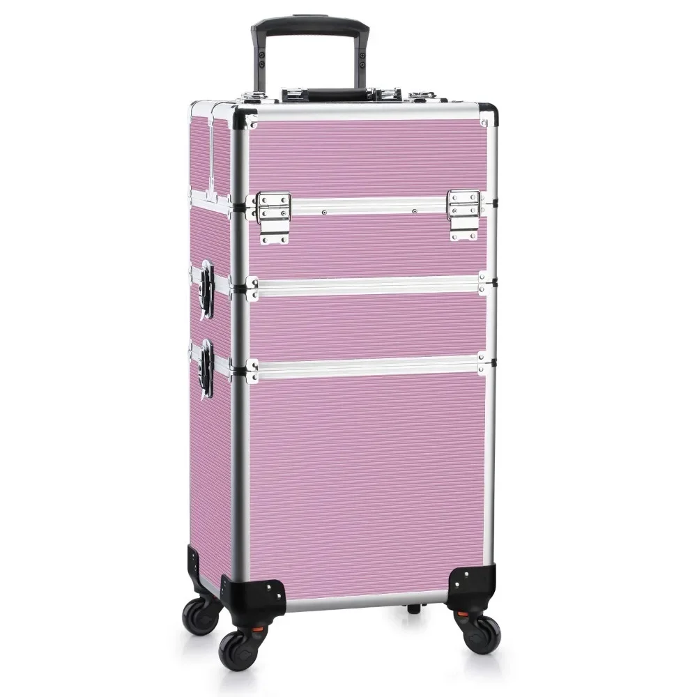 Aluminum Makeup Case, Professional Rolling Cosmetic Beauty Storage with Folding Trays, Large Compartments, Pink Box, 3 in 1