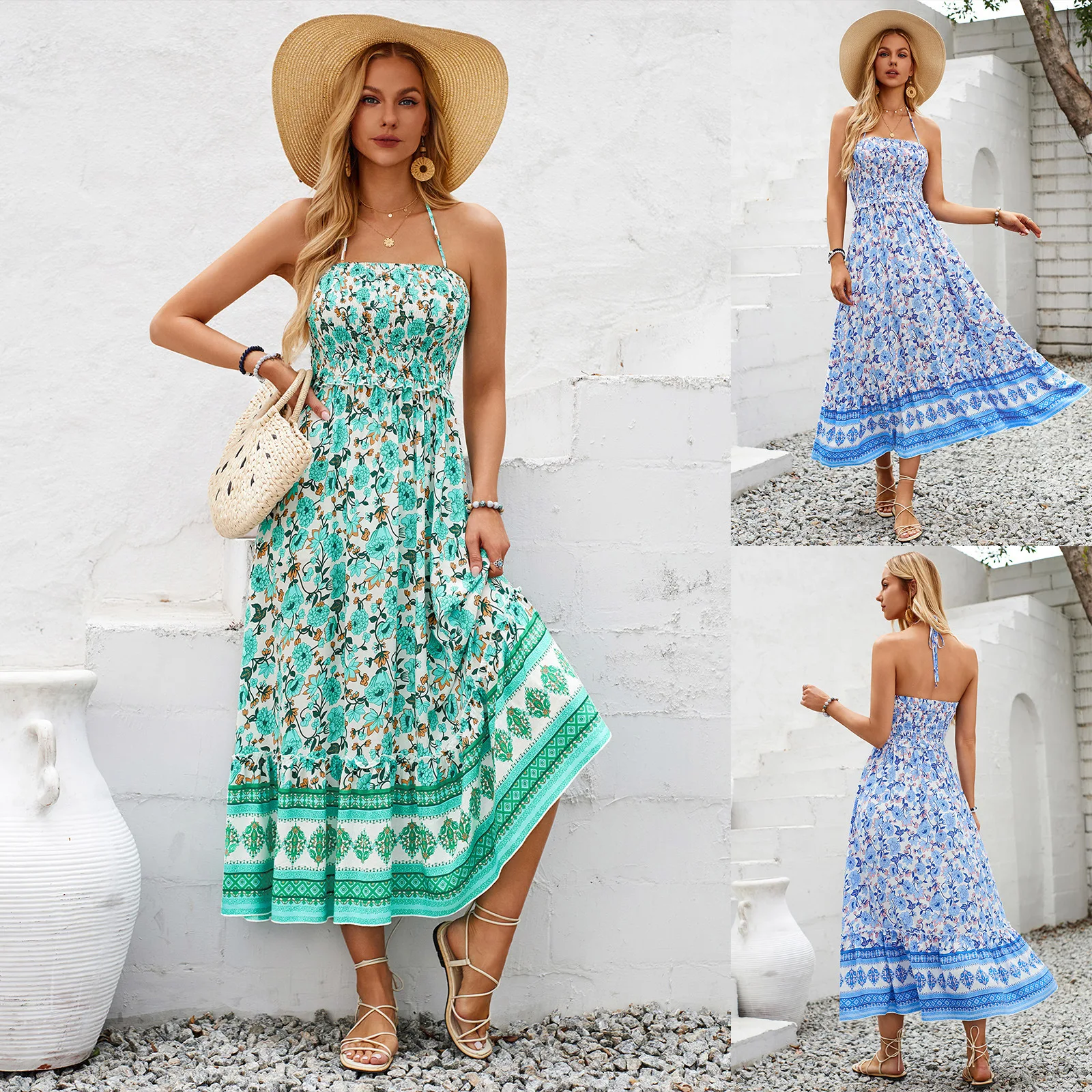 

Amazon Europe and the United States women's Bohemian print hanging neck dress