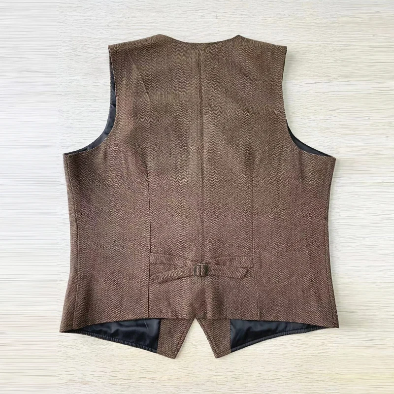 Men's Vest Brown Herringbone Wool Tweed V Neck Single Breasted Retro Tooling Vest Male Gentleman Business Waistcoat For Wedding men's blazers