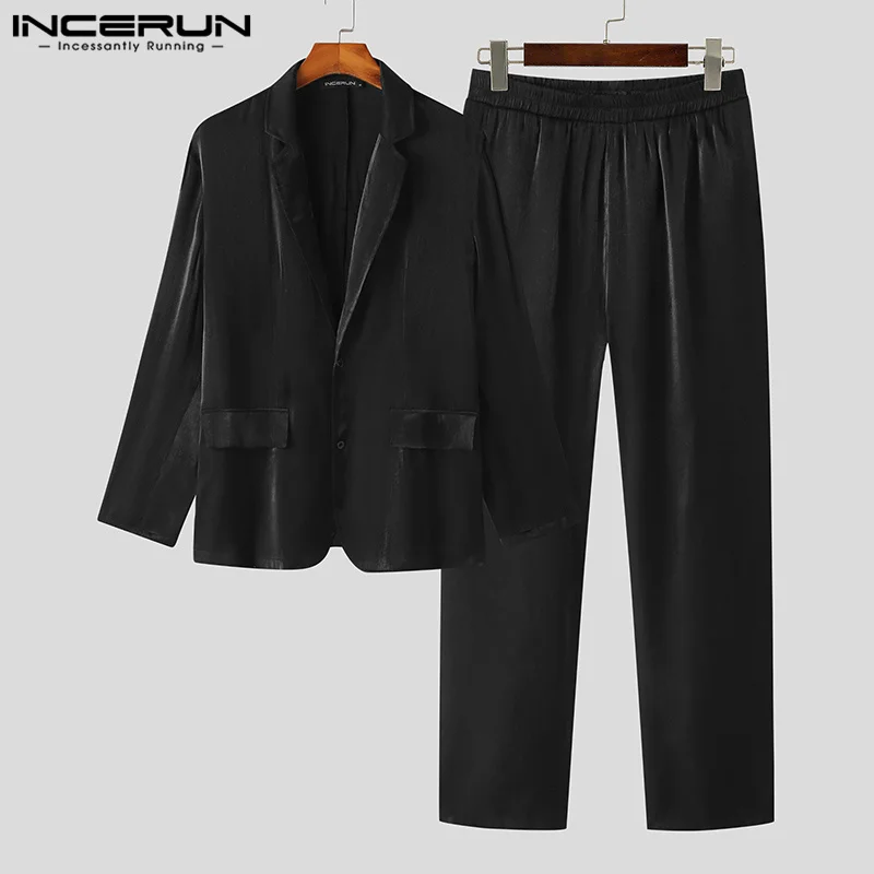 Stylish Casual Style Sets INCERUN New Mens Long Sleeve Suit Coat Long Pants Fashion Flash Fabric Solid Two Piece Sets S-5XL 2023