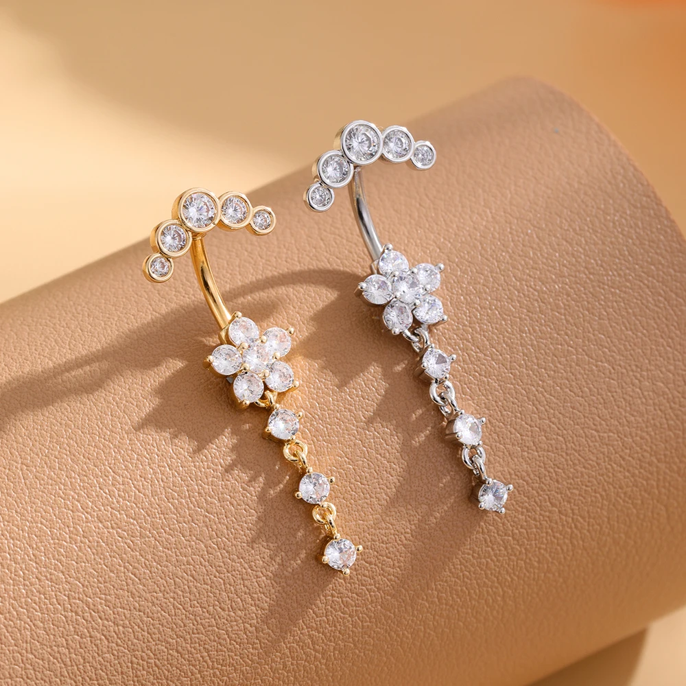 Gold Color Stainless Steel Belly Button Ring Long Dangled Flower CZ Crystal Navel Belly Piercing Rings Women Sexy Jewelry