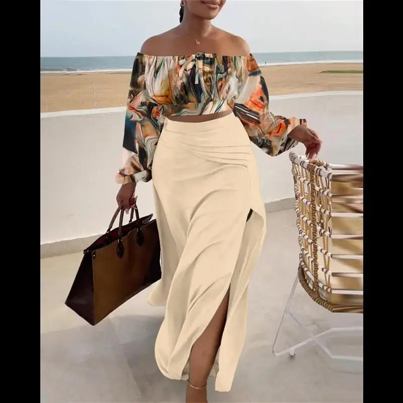 

Langmao Spring Autumn Causal Printed 2 Piece Set Women Off Shoulder Pleated Tops Slit Maxi Skirts Suit Two Piece Outfit