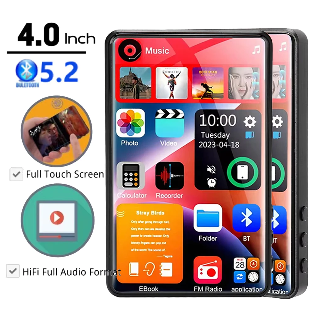 1080P MP4 Music Player 4 Inch Touch Screen 16GB Bluetooth 5.2 with Speaker Video Ebook FM MP3 Audio Players X20-New UI