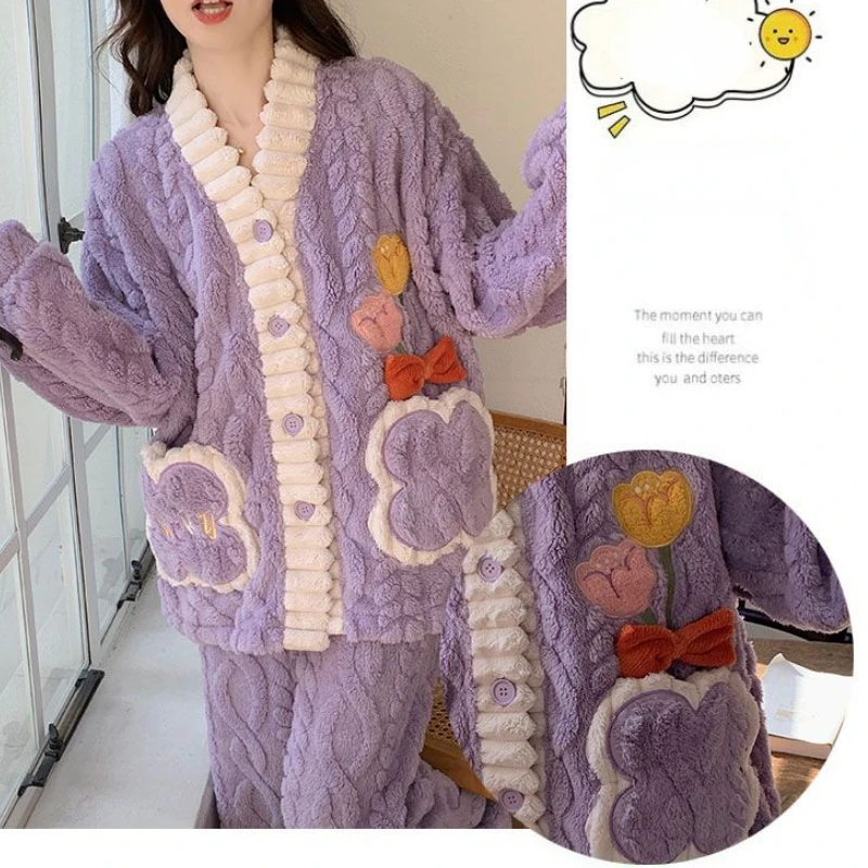 Coral Fleece Pajama Sets Women Winter Warm Sleepwear Long Sleeve Trouser Pajamas Flannel Thick Homewear Korean Kawaii Clothes