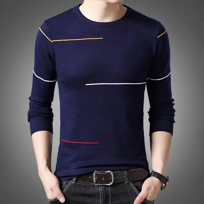 Fashion Men Basic Striped Sweater Spring Autumn New Korean Slim Long Sleeve Tops Male Clothes Casual Knitted Bottoming Pullovers