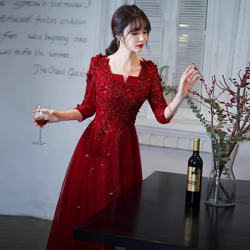 Robe De Soiree vino rojo vestidos De noche largos apliques De lujo