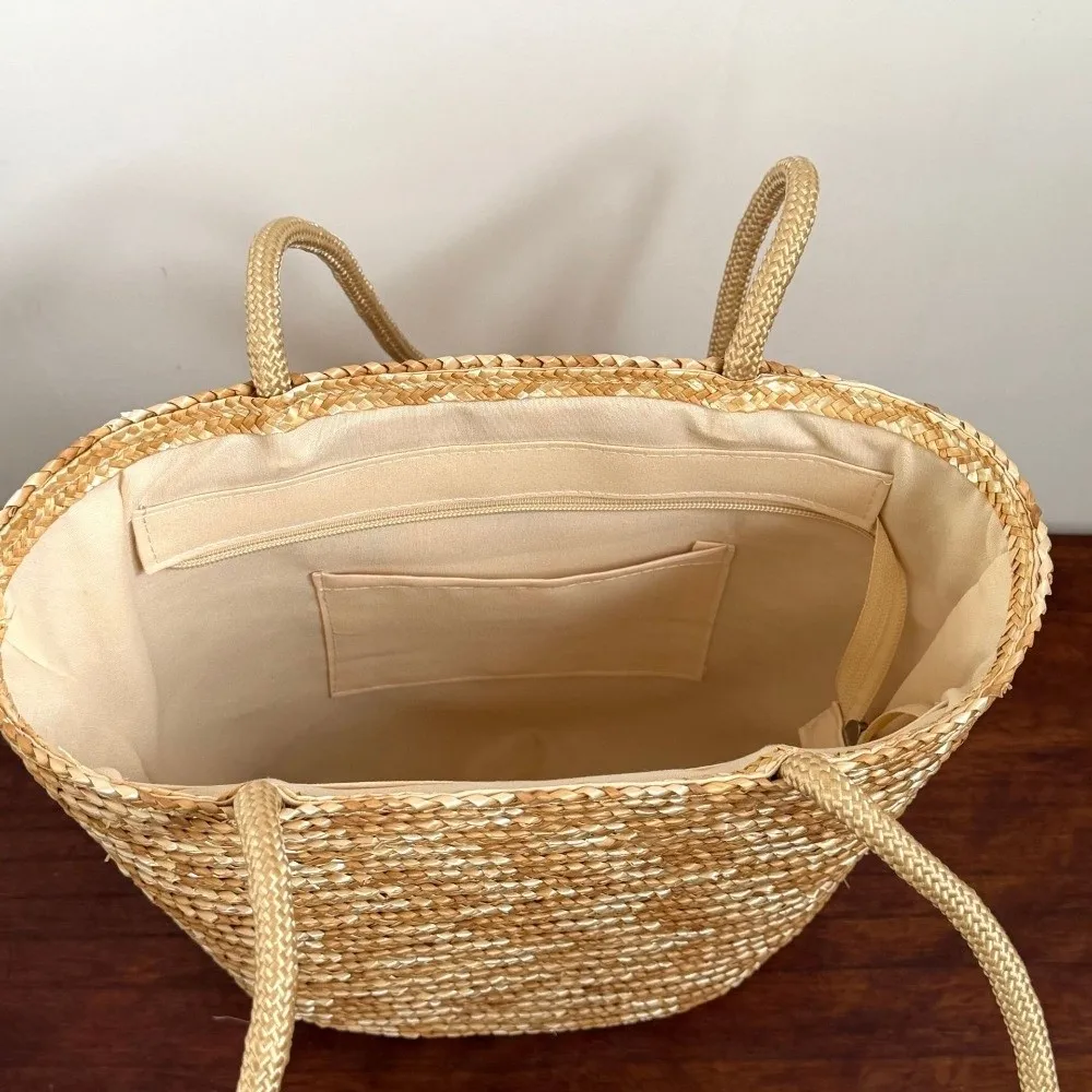 Nuova Borsa da Spiaggia Bohemien in Paglia, Grande Capacità, Design Intrecciato, Borsa a Tracolla Stile Cesto Grande, Estiva - immagine 4