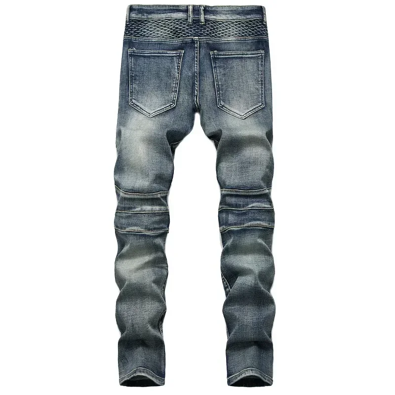 Men's New Casual Motorcycle Jeans Hip Hop Street Riding Stretch Slim Fit Straight Pants Patchwork Fashion Denim Trousers Male 4