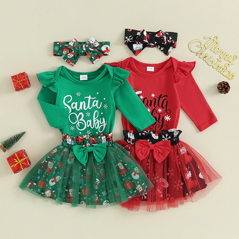 

2023-08-16 Lioraitiin 0-24M Newborn Baby Girl Christmas Outfit Dress Santa Print Romper Tutu Tulle Skirt Set Fall Winter Clothes