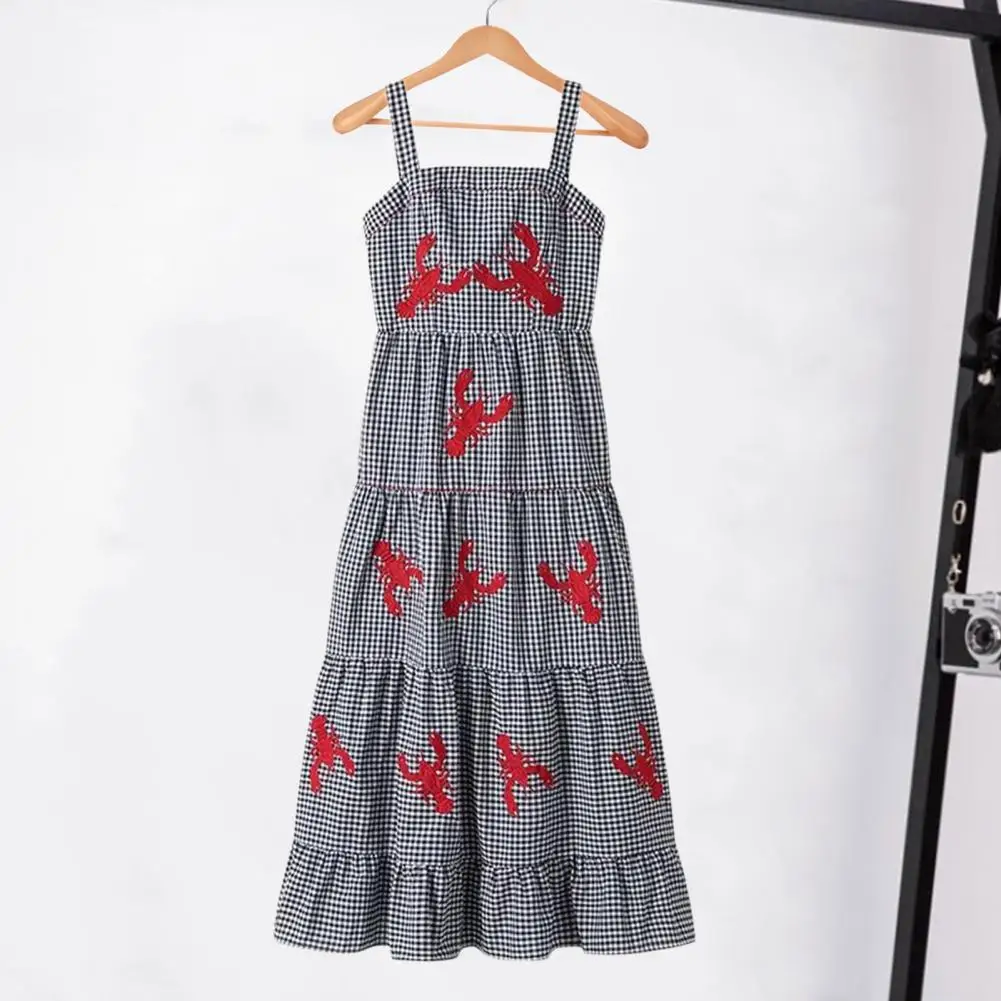 

Long Dress Stylish Lobster Embroidered Plaid Midi Dress for Women A-line Vacation Beach Dress with Square Neck Loose Hem Women