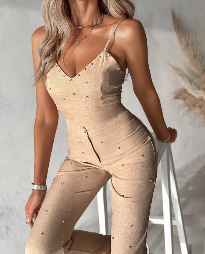 Two Piece Set Women Outfit Summer Fashion Rhinestone V-Neck Spaghetti Strap Crop Cami Top & Casual High Waist Daily Pants Set