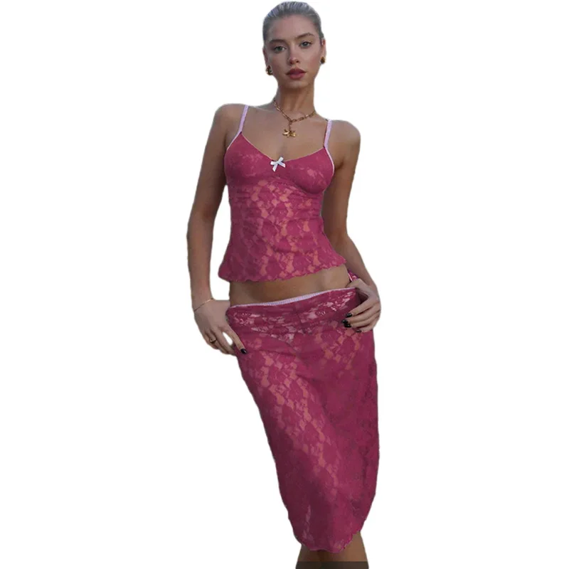 

New Autumn Women'S Halter Set Slim-Fit Small Vest Wrap Hip Lace Skirt Suit Perspective Hollow Floral Sexy Dress Party Club
